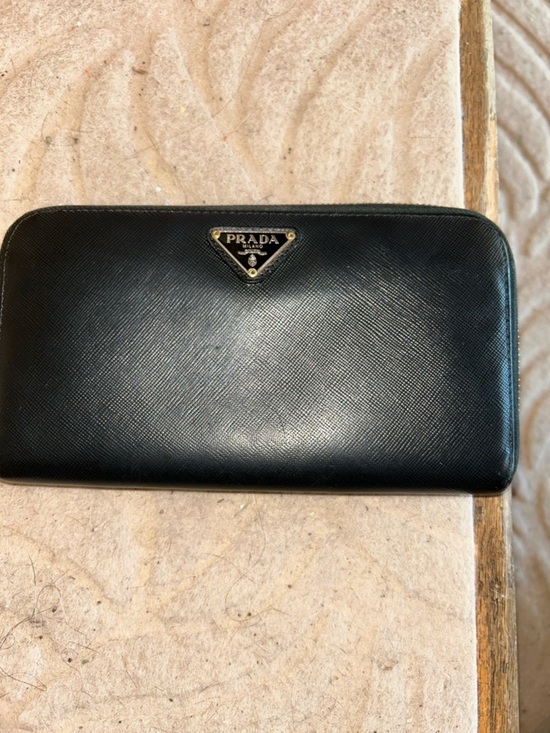 Prada Handbags - Prada Black Saffiano Zip Wallet with Gold Logo